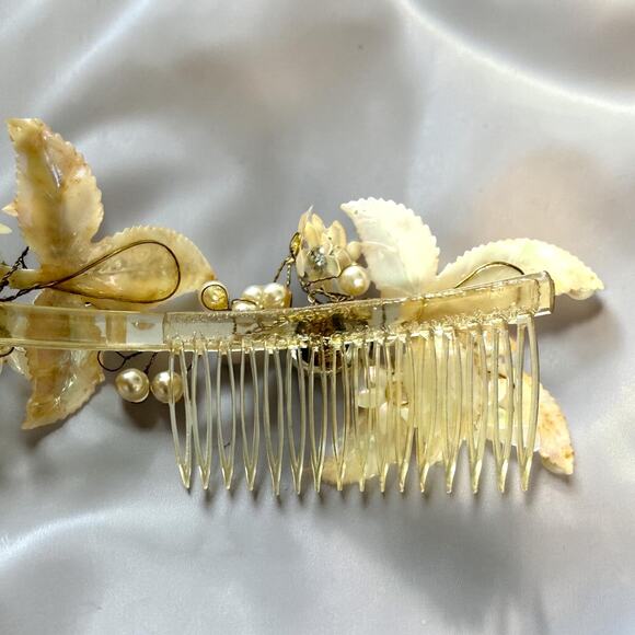 Mid Century Crown Tiara Shell Pearl Floral Headpiece Vintage Wedding MCM Prom main image 5